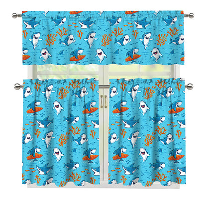 Cute Shark Pattern Print 3 Piece Kitchen Curtains