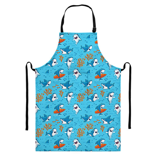 Cute Shark Pattern Print Bib Apron With Pocket