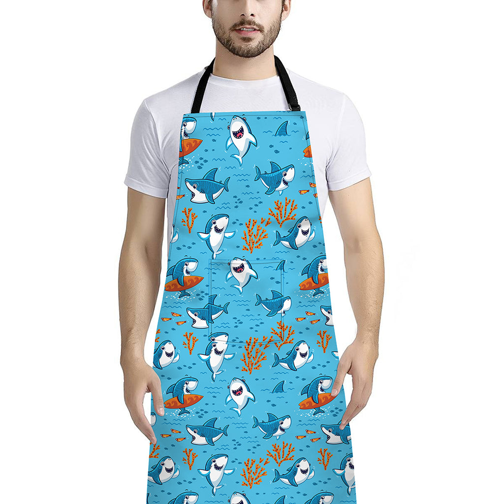 Cute Shark Pattern Print Bib Apron With Pocket