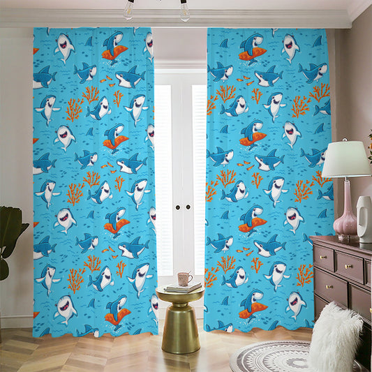 Cute Shark Pattern Print Blackout Pencil Pleat Curtains