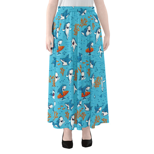 Cute Shark Pattern Print Chiffon Maxi Skirt