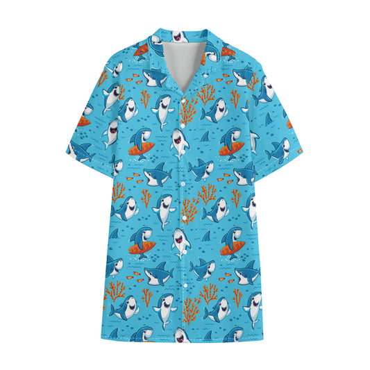 Cute Shark Pattern Print Cotton Hawaiian Shirt