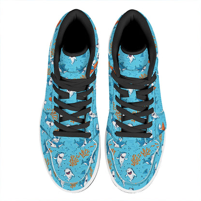 Cute Shark Pattern Print High Top Leather Sneakers