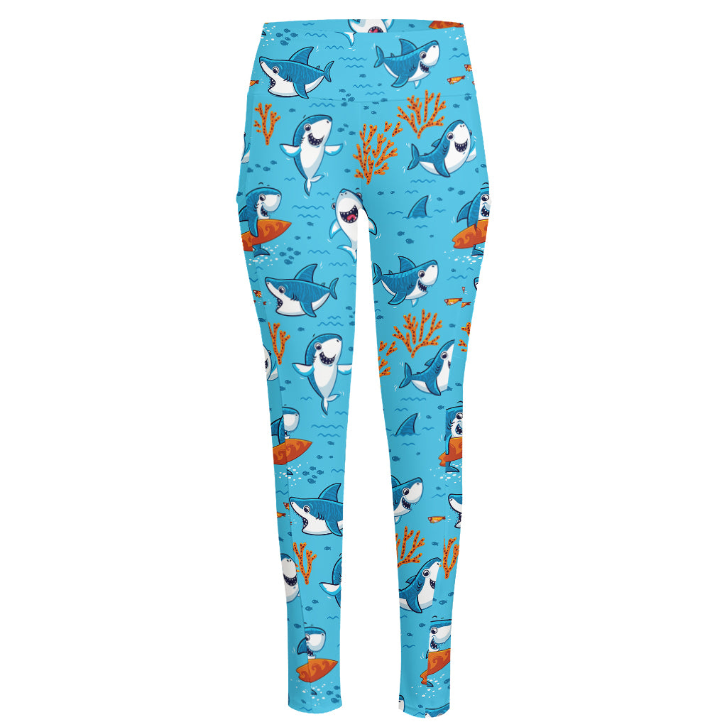 Cute Shark Pattern Print High-Waisted Pocket Leggings