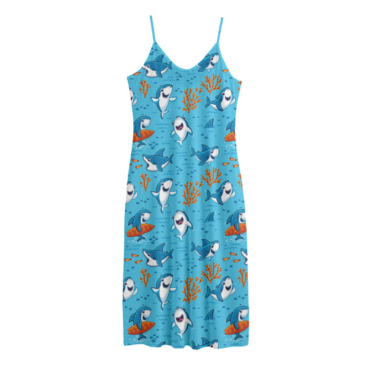 Cute Shark Pattern Print Jersey Midi Cami Dress