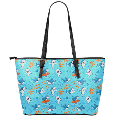 Cute Shark Pattern Print Leather Tote Bag