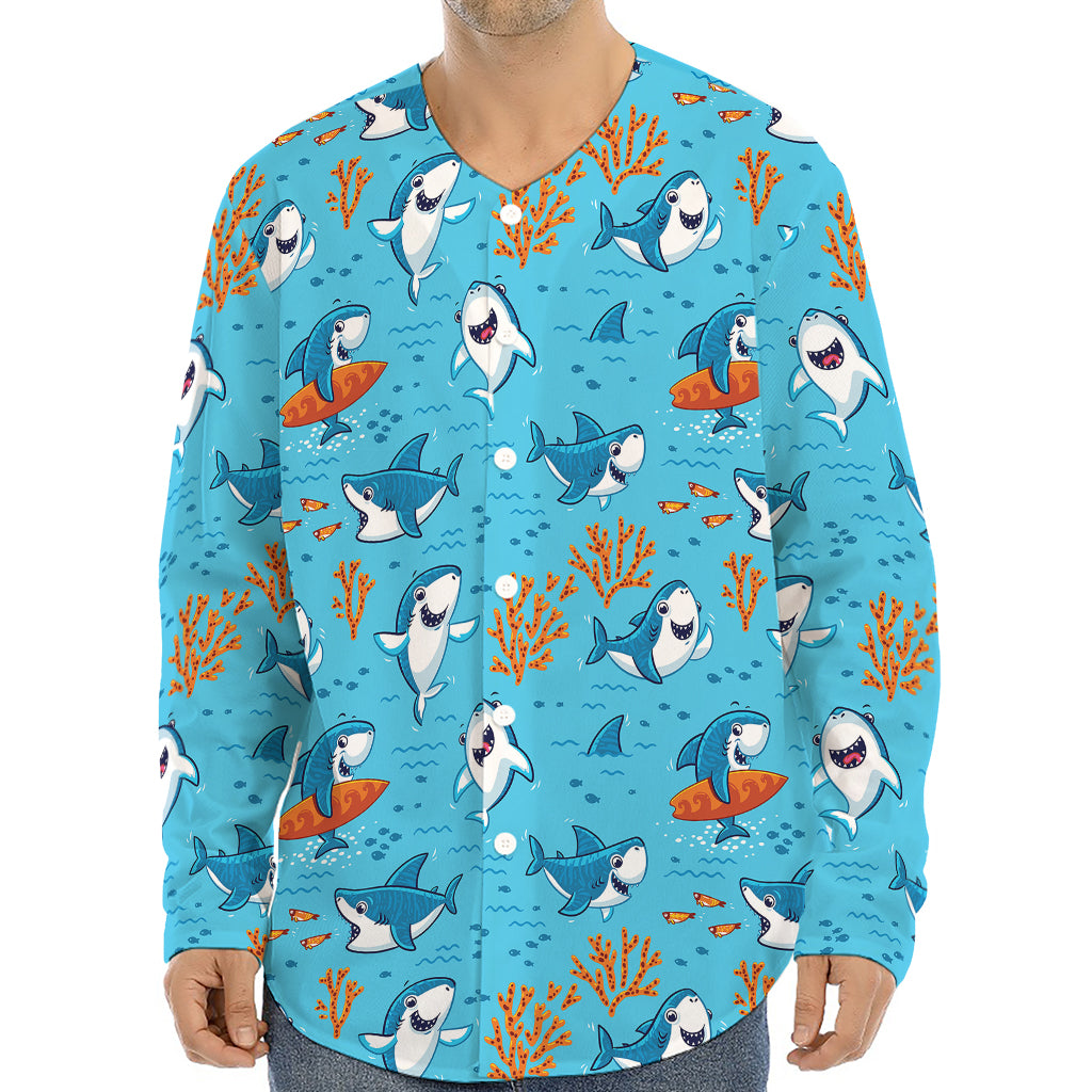 Cute Shark Pattern Print Long Sleeve Baseball Jersey