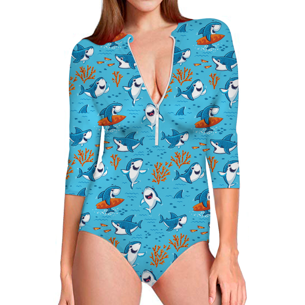 Cute Shark Pattern Print Long Sleeve Swimsuit