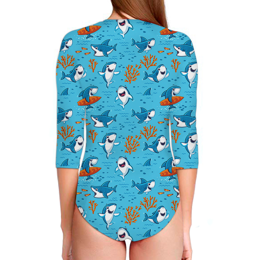 Cute Shark Pattern Print Long Sleeve Swimsuit