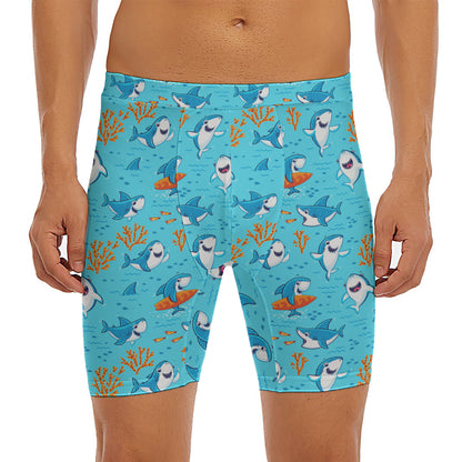 Cute Shark Pattern Print Men's Long Boxer Briefs