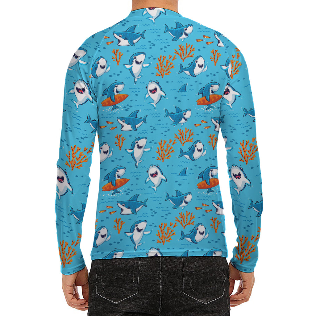 Cute Shark Pattern Print Men's Long Sleeve Rash Guard