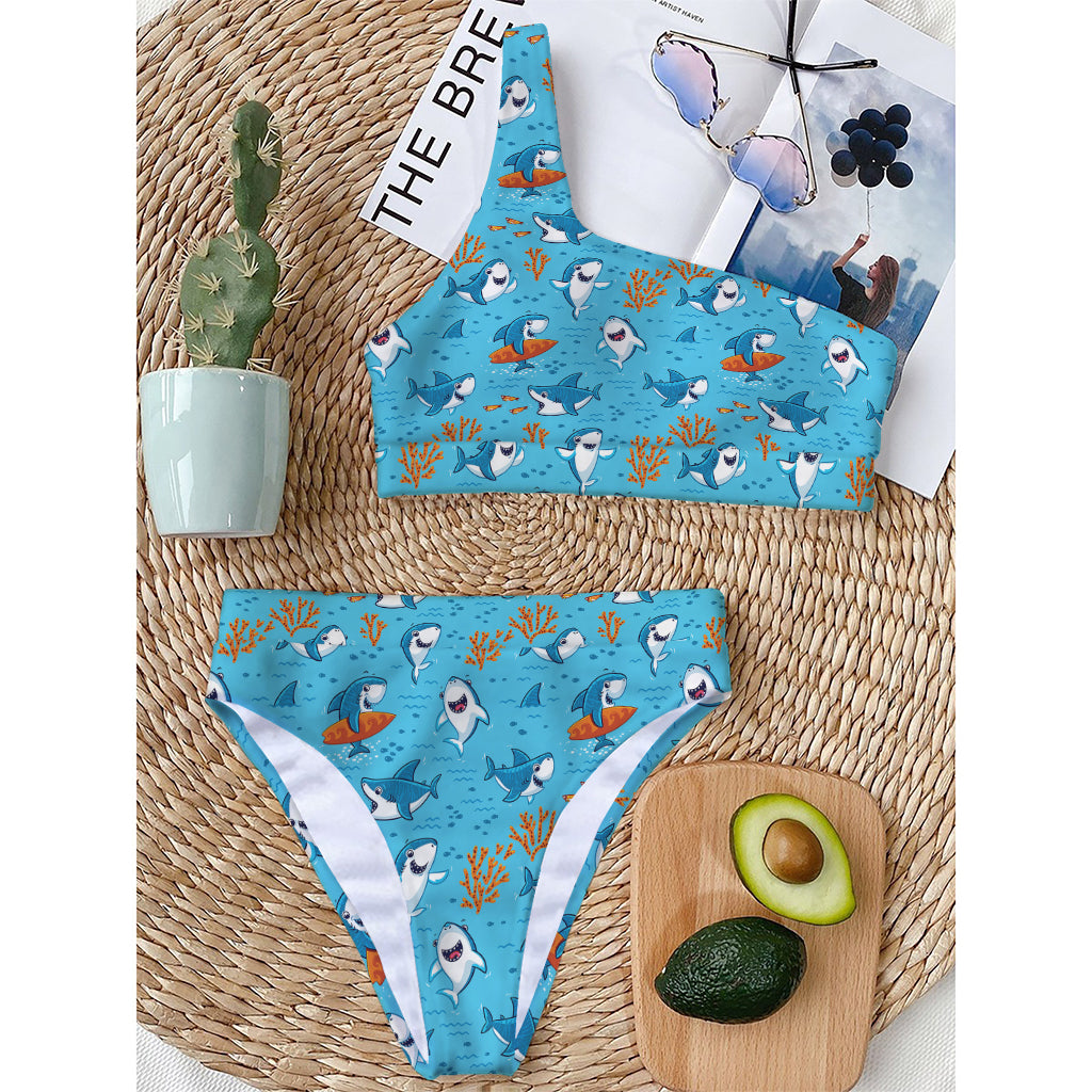 Cute Shark Pattern Print One Shoulder Bikini Top