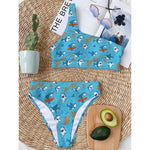 Cute Shark Pattern Print One Shoulder Bikini Top