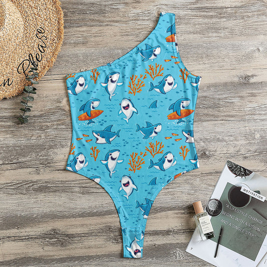 Cute Shark Pattern Print One Shoulder Bodysuit