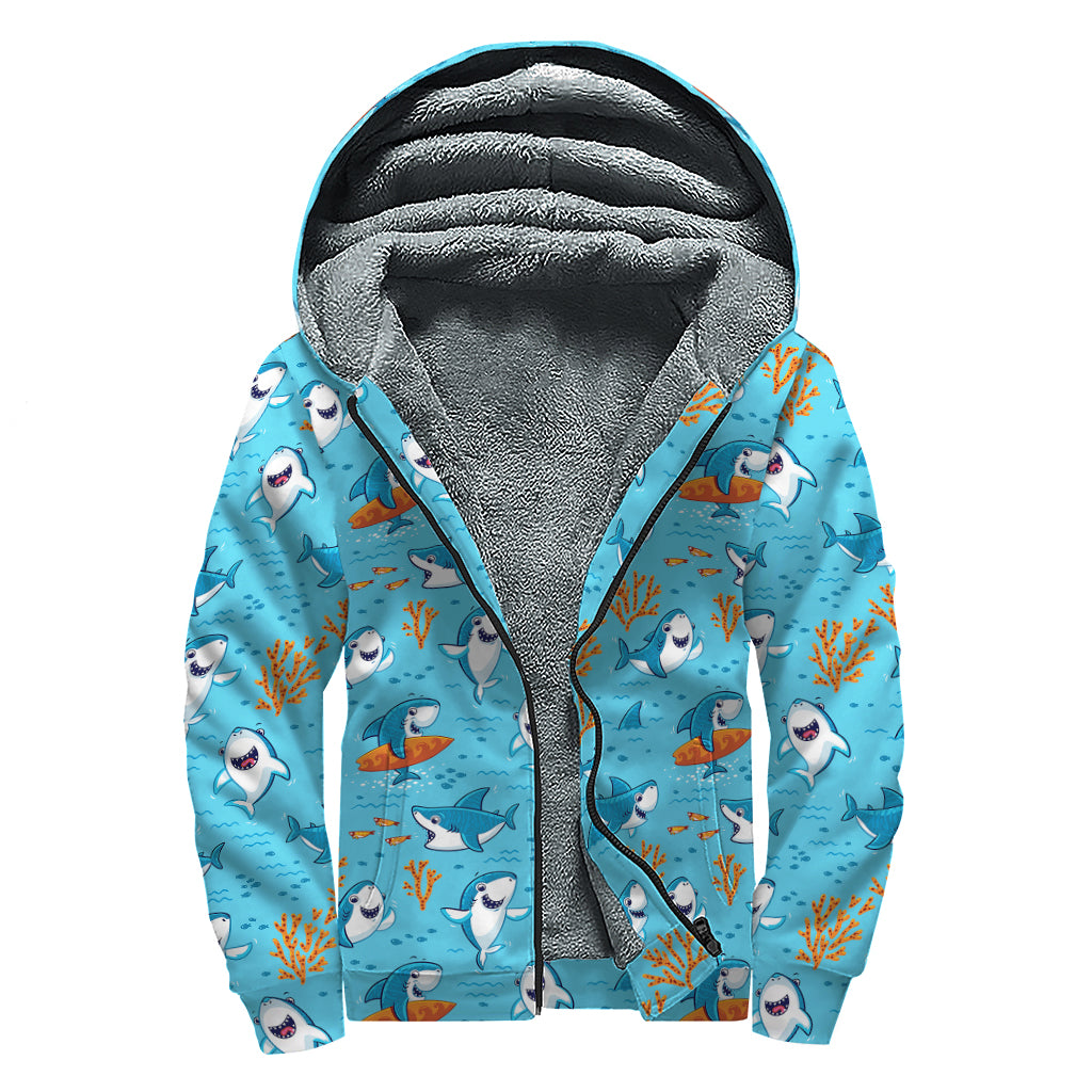 Cute Shark Pattern Print Sherpa Lined Zip Up Hoodie