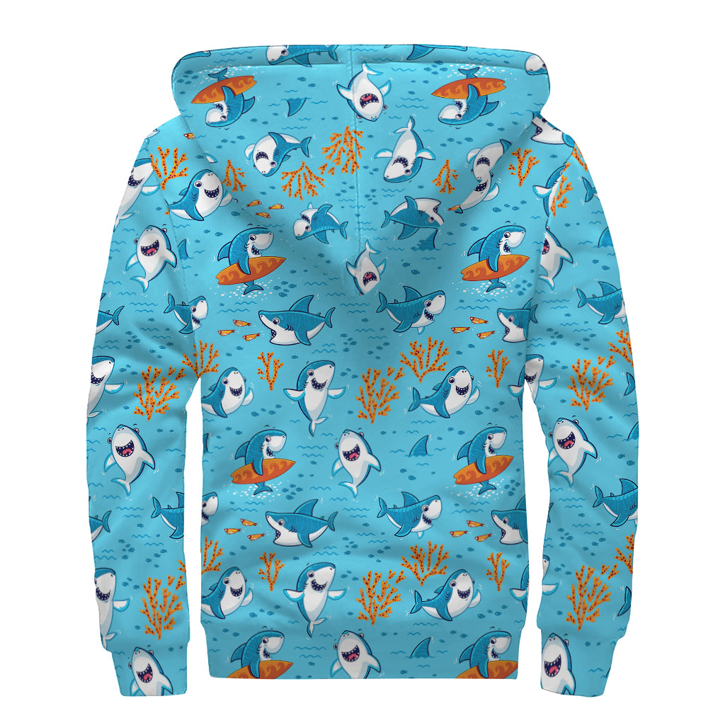 Cute Shark Pattern Print Sherpa Lined Zip Up Hoodie