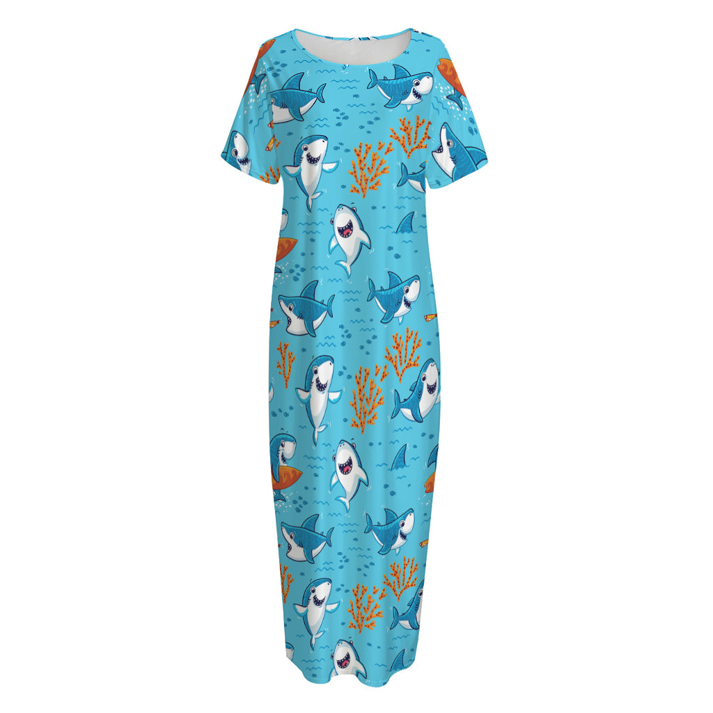 Cute Shark Pattern Print Short Sleeve Long Nightdress