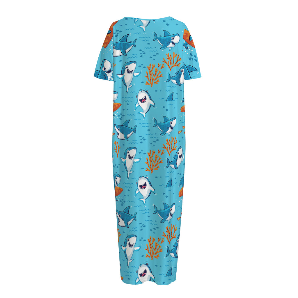 Cute Shark Pattern Print Short Sleeve Long Nightdress