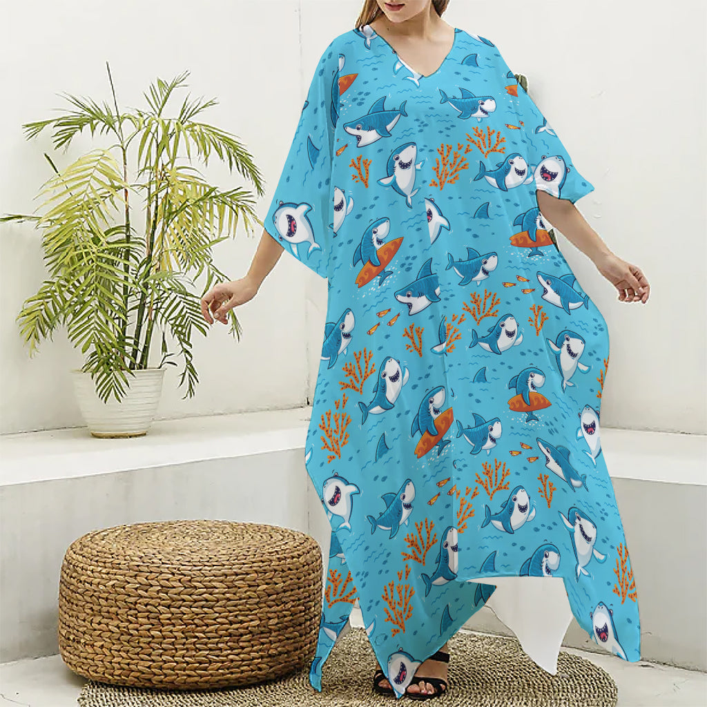Cute Shark Pattern Print Silk V-Neck Kaftan Dress