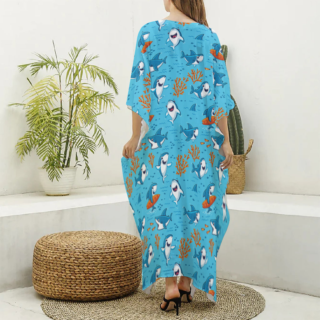 Cute Shark Pattern Print Silk V-Neck Kaftan Dress