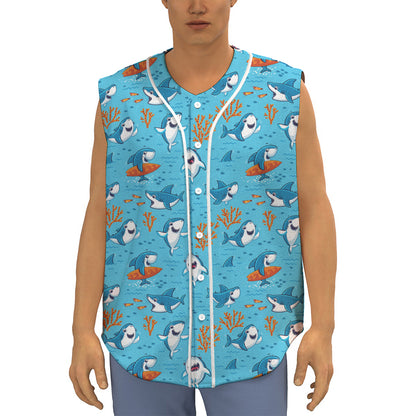 Cute Shark Pattern Print Sleeveless Baseball Jersey
