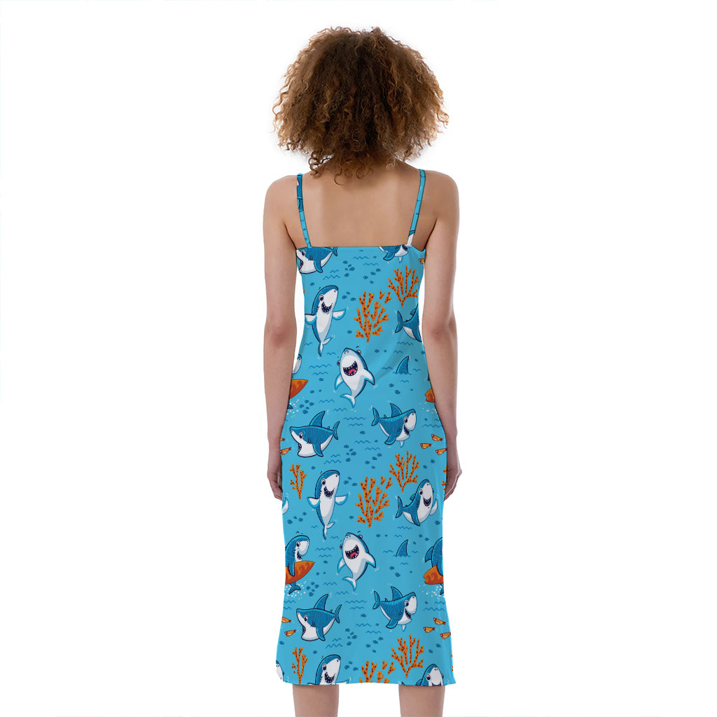 Cute Shark Pattern Print Slim Fit Midi Cami Dress