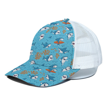 Cute Shark Pattern Print White Mesh Trucker Cap