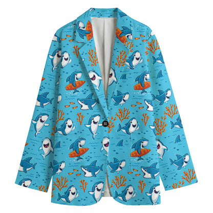 Cute Shark Pattern Print Women's Cotton Blazer