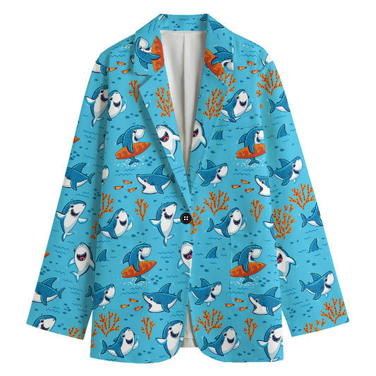 Cute Shark Pattern Print Women's Cotton Blazer