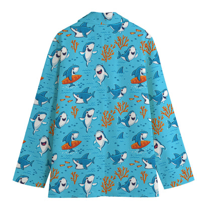 Cute Shark Pattern Print Women's Cotton Blazer