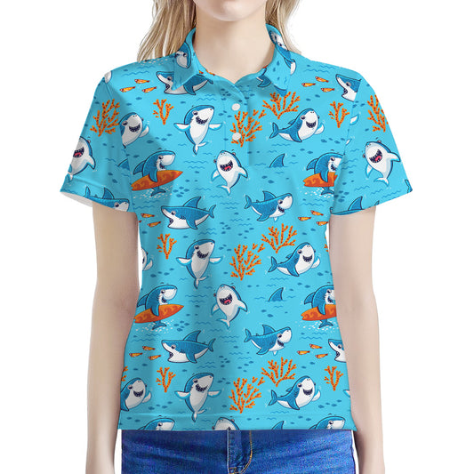 Cute Shark Pattern Print Women's Polo Shirt