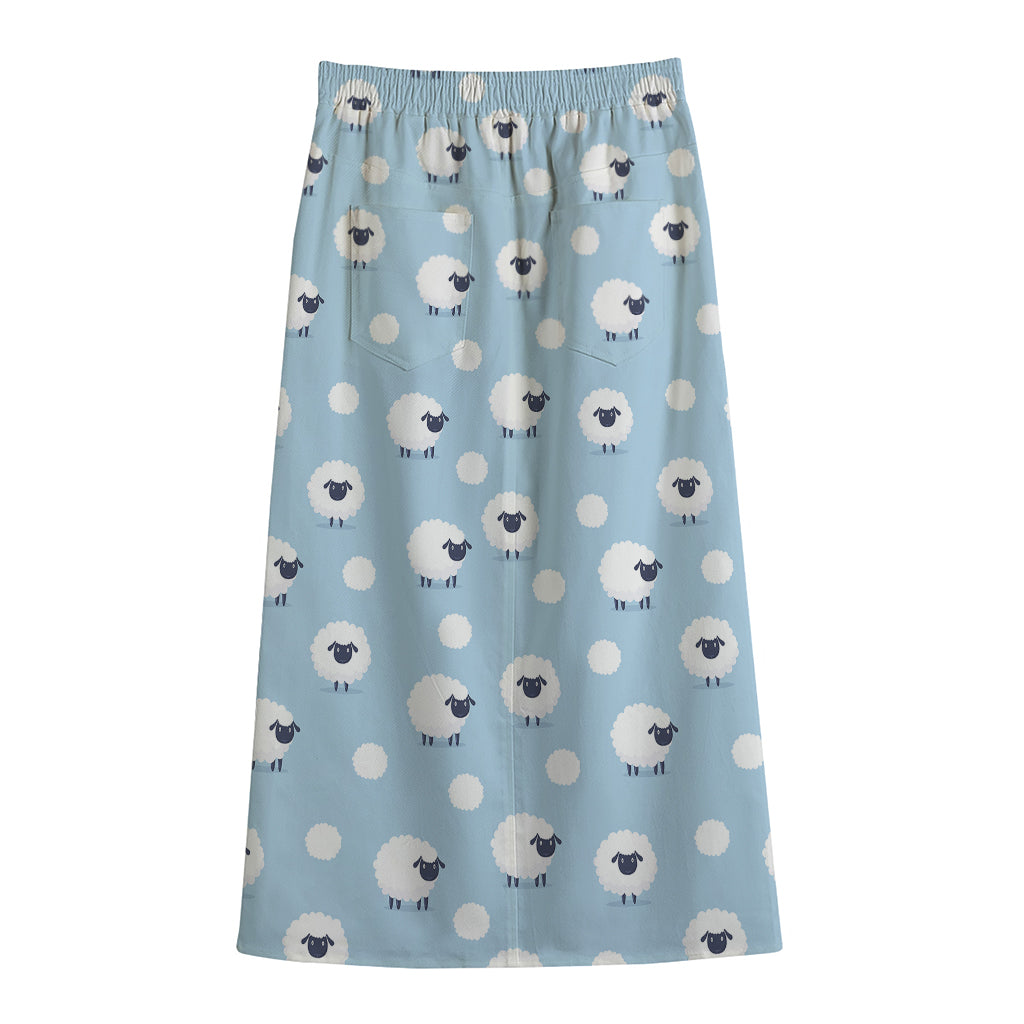 Cute Sheep Pattern Print Cotton Front Slit Maxi Skirt