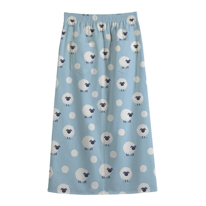Cute Sheep Pattern Print Cotton Front Slit Maxi Skirt