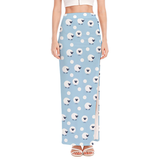 Cute Sheep Pattern Print High Slit Maxi Skirt