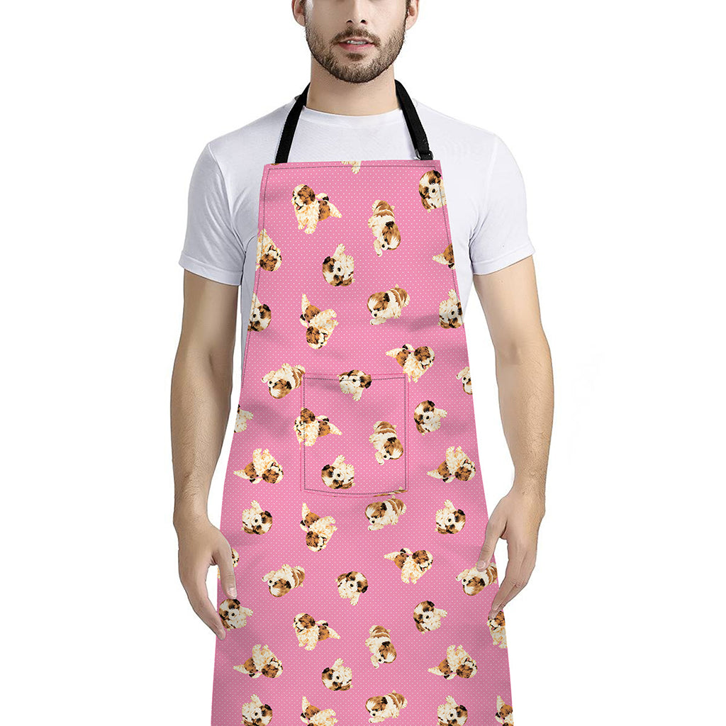 Cute Shih Tzu Pattern Print Bib Apron With Pocket