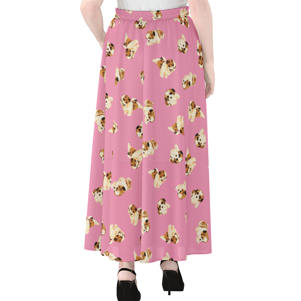 Cute Shih Tzu Pattern Print Chiffon Maxi Skirt