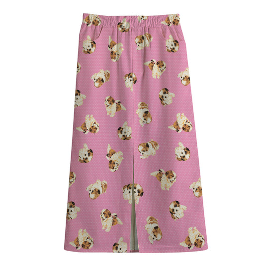 Cute Shih Tzu Pattern Print Cotton Front Slit Maxi Skirt