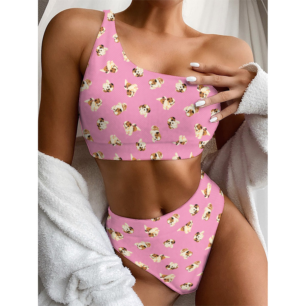 Cute Shih Tzu Pattern Print One Shoulder Bikini Top