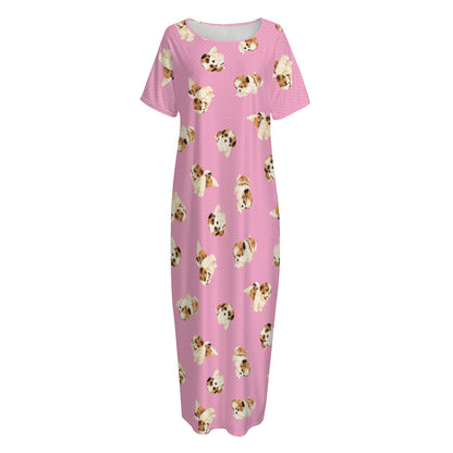 Cute Shih Tzu Pattern Print Short Sleeve Long Nightdress
