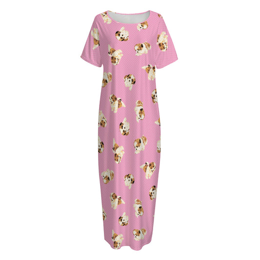 Cute Shih Tzu Pattern Print Short Sleeve Long Nightdress