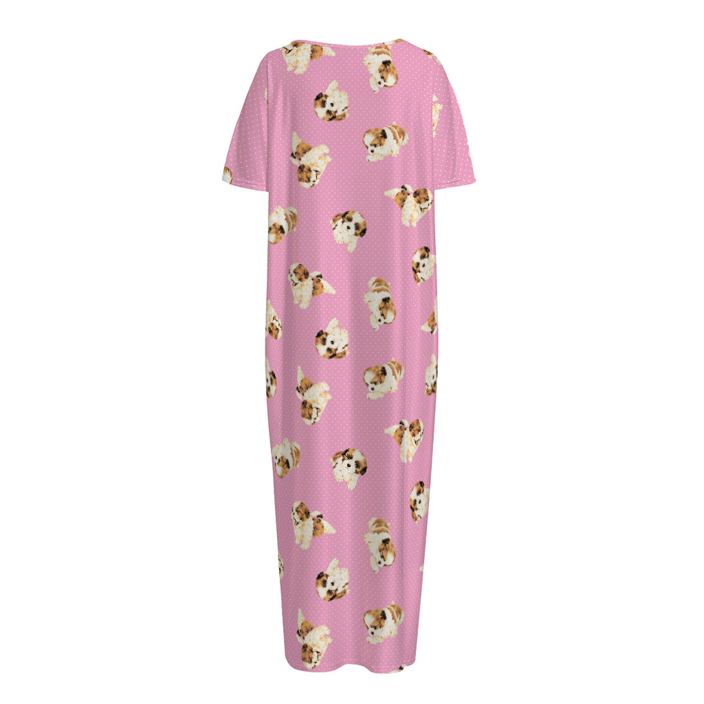 Cute Shih Tzu Pattern Print Short Sleeve Long Nightdress