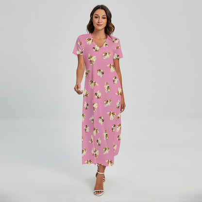 Cute Shih Tzu Pattern Print Short Sleeve Maxi Dress