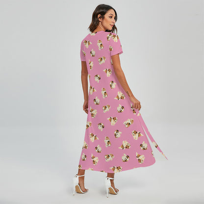 Cute Shih Tzu Pattern Print Short Sleeve Maxi Dress