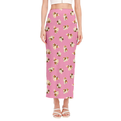 Cute Shih Tzu Pattern Print Side Slit Maxi Skirt