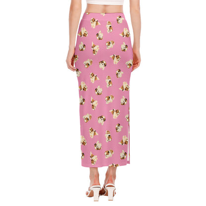 Cute Shih Tzu Pattern Print Side Slit Maxi Skirt