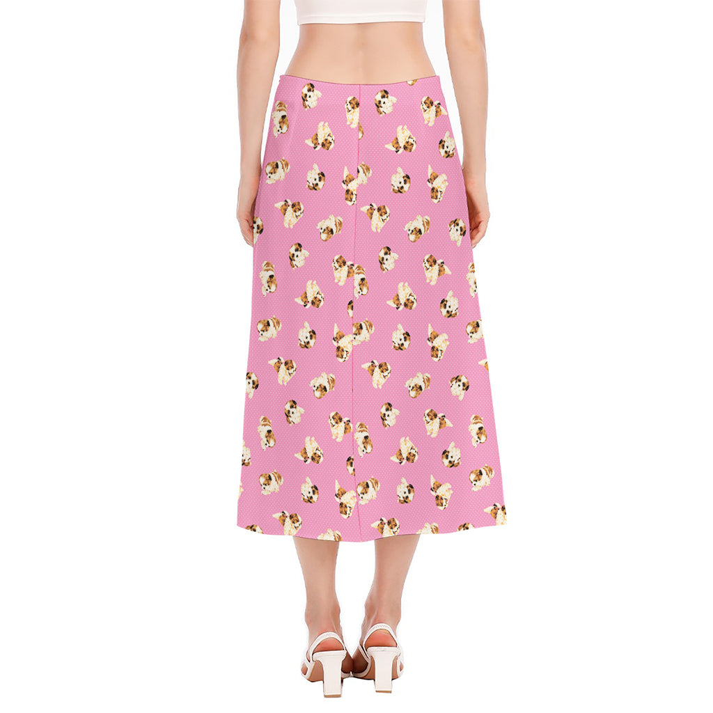 Cute Shih Tzu Pattern Print Side Slit Midi Skirt