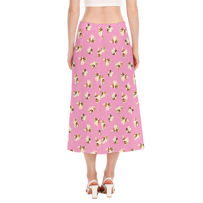 Cute Shih Tzu Pattern Print Side Slit Midi Skirt