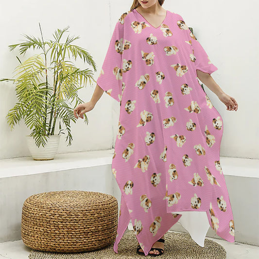Cute Shih Tzu Pattern Print Silk V-Neck Kaftan Dress