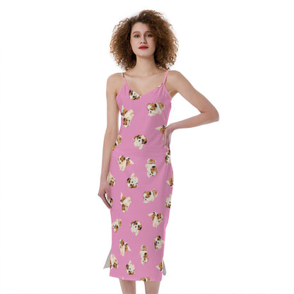 Cute Shih Tzu Pattern Print Slim Fit Midi Cami Dress