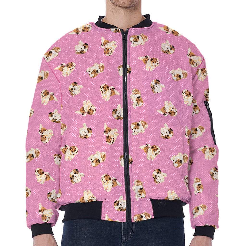 Cute Shih Tzu Pattern Print Zip Sleeve Bomber Jacket